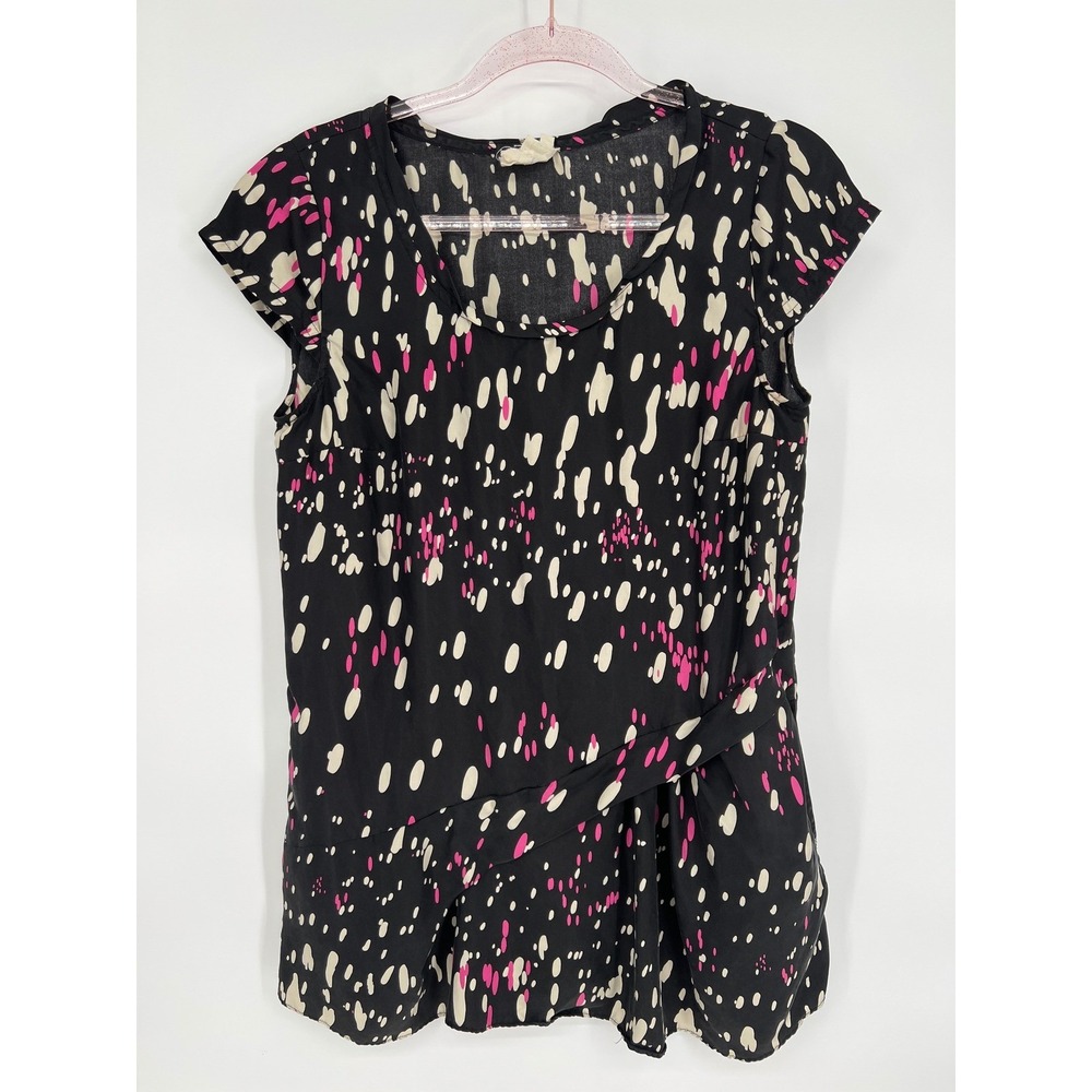 Pure DKNY Silk‎ Blouse Black Pink White Print Short Sleeve Top Size M